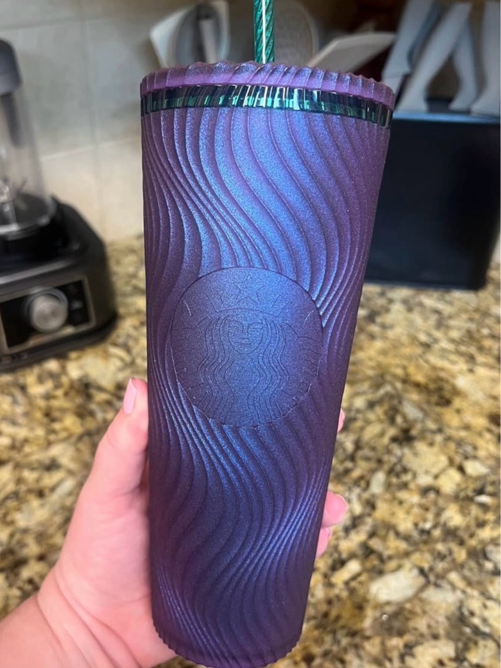 Starbucks Shimmery Iridescent Purple Tumbler with Green Straw